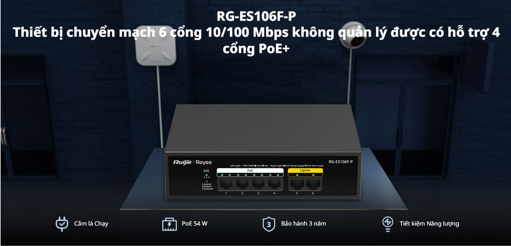 Unmanaged switch 4 cổng PoE RUIJIE RG-ES106F-P