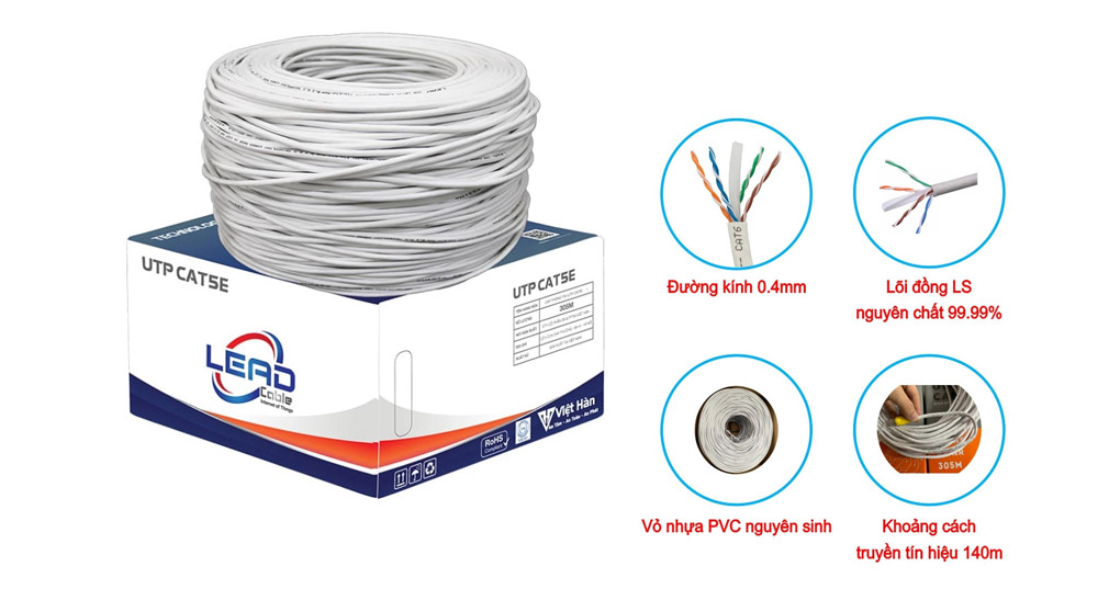Cáp mạng Việt Hàn LEAD CAT.5E UTP 26AWG 305m